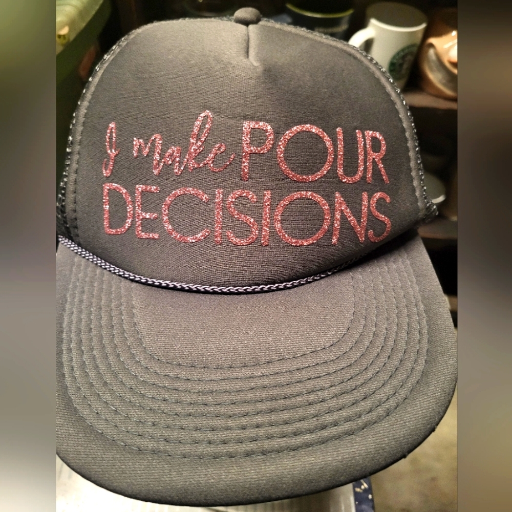 "I Make Pour Decisions" Trucker Hat - Grey & Glitter Pink Funny Snapback